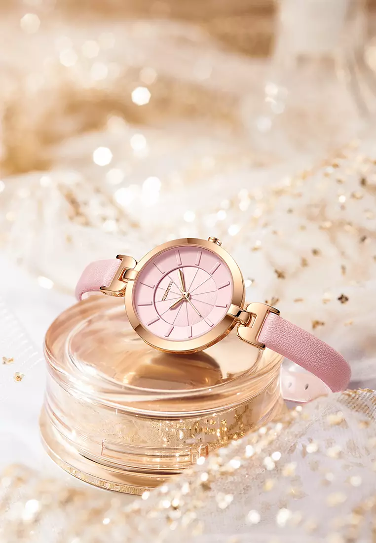 Jam Tangan Wanita Anggun Gaya Tali Kulit Anti Air Kuarsa Jam Tangan Cowok warna merah muda