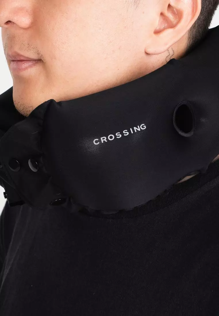 Crossing Inflatable Air Pump Neck Travel Pillow  Black