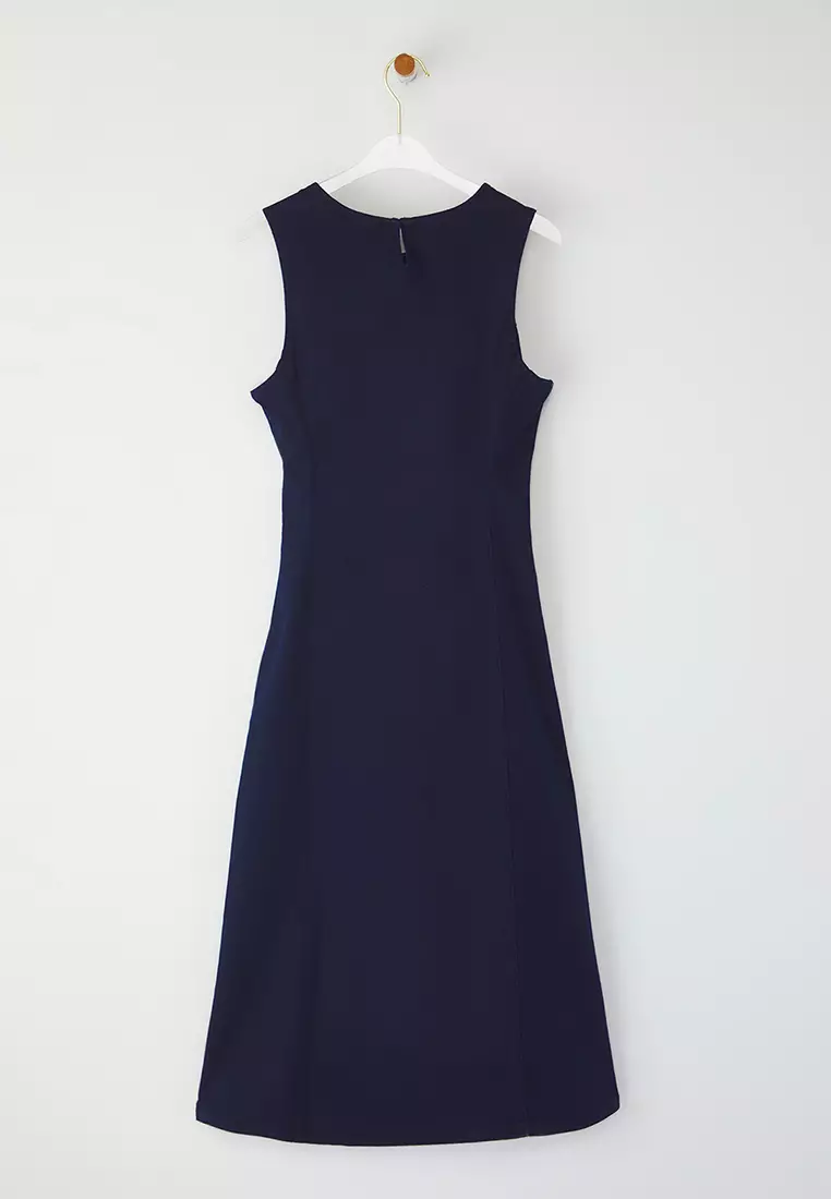 Dark Blue Slit Midi Denim Dress