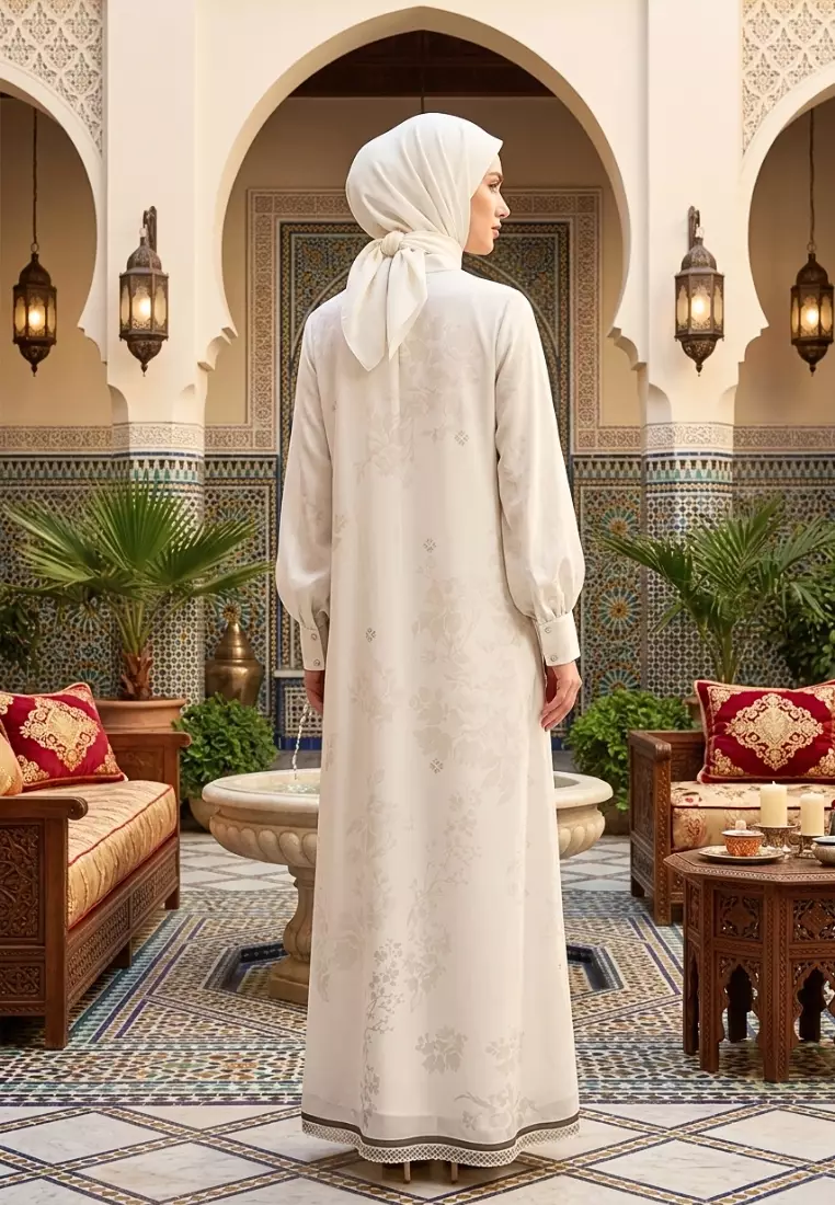 Gamis Muslimah Premium Motif Floral Vintage Warna Cream – Dress Maxi Elegan Lengan Panjang Cocok untuk Lebaran & Acara Formal By Brilliant Girl Warna CREAM