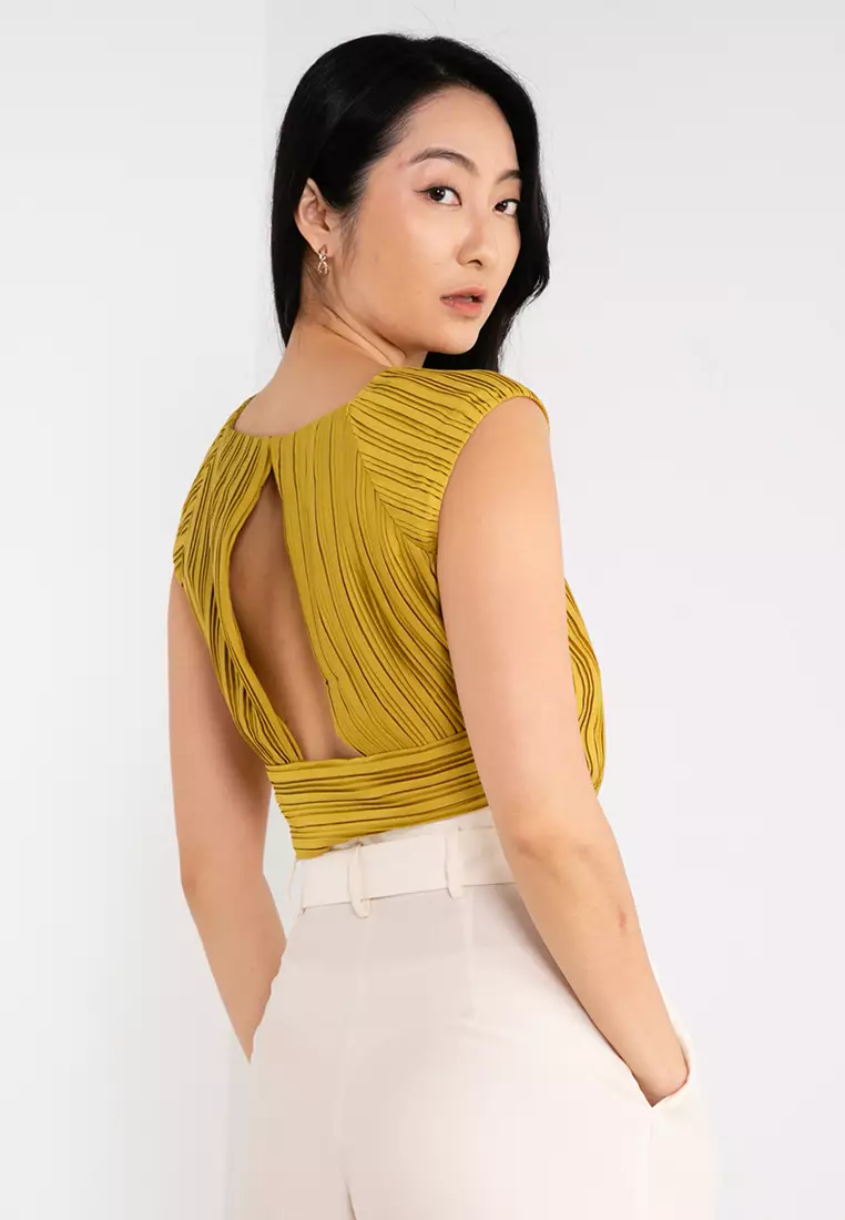 Square Neck Back Cutout Pleated Top