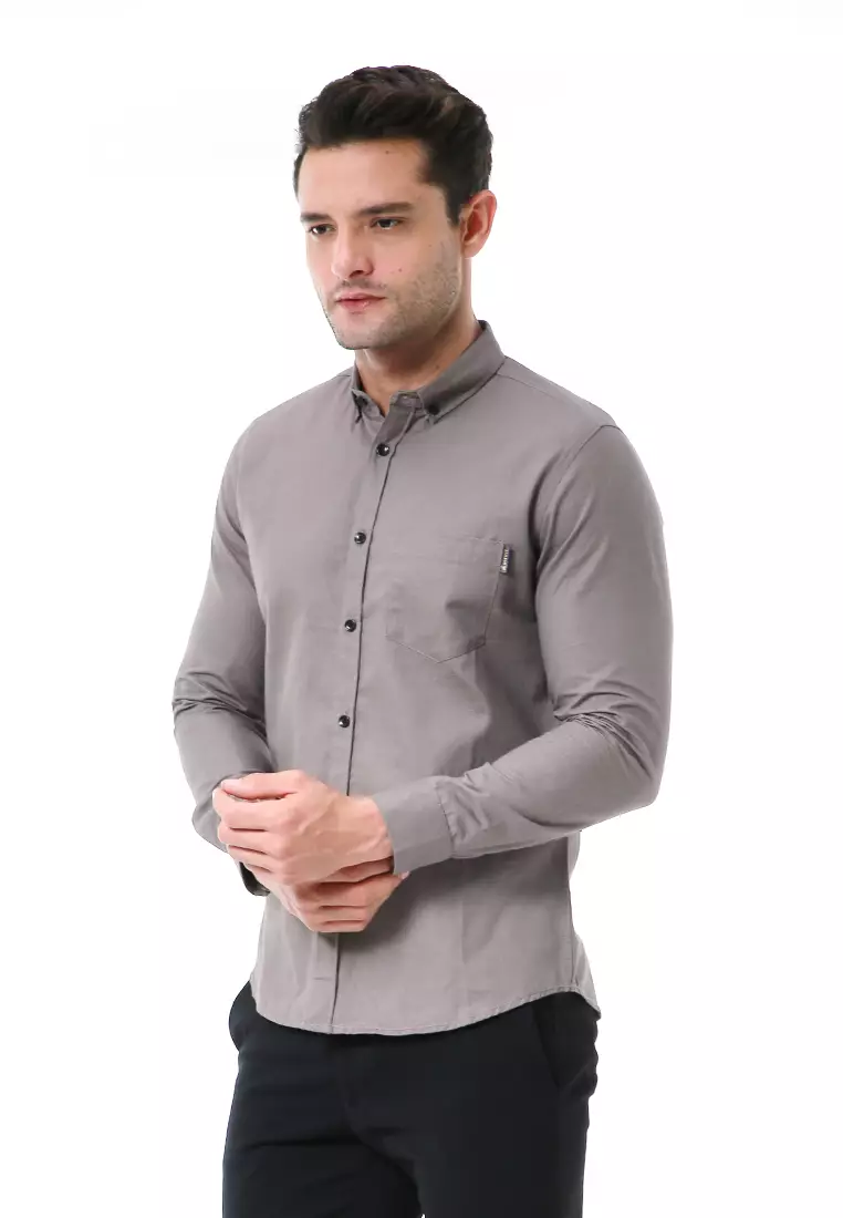 Leopold Kemeja Basic Pria Motif Polos Long Sleeve Material Cotton ORIGINAL - Dark Gray