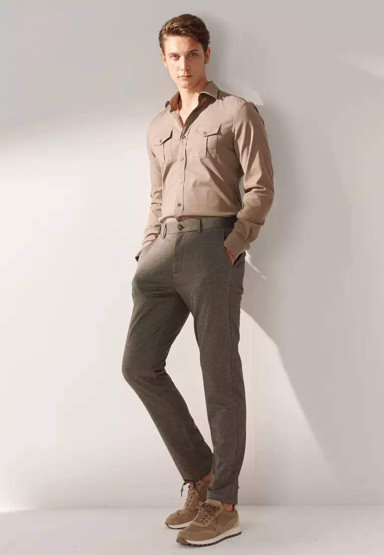 Hazelnut Brown Houndstooth Slim Stretch Jersey Trousers