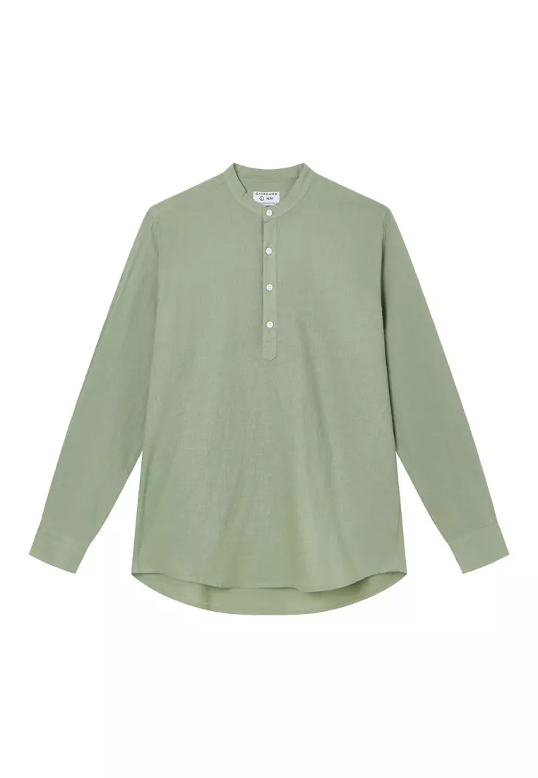 Men's Linen Cotton Stand Collar Long Sleeve Shirt 01046218