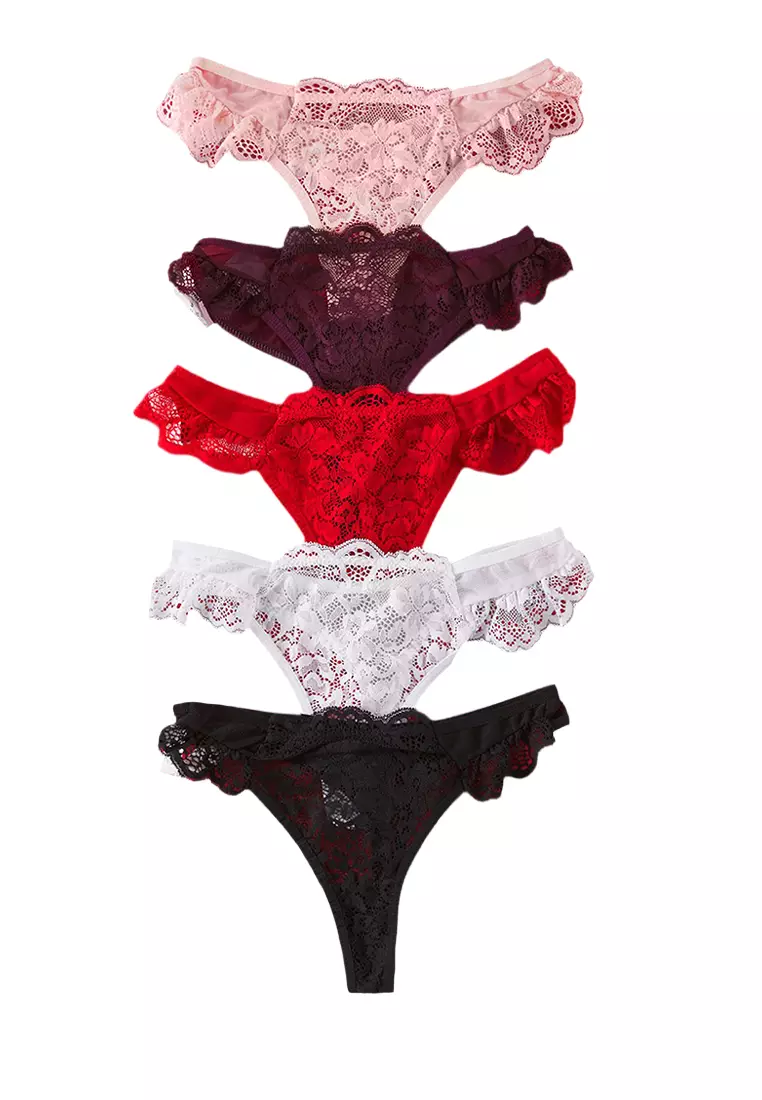 Multicolored 5-Pack Tulle Lace Detail Thong Knitted Panties THMSS25KU00037
