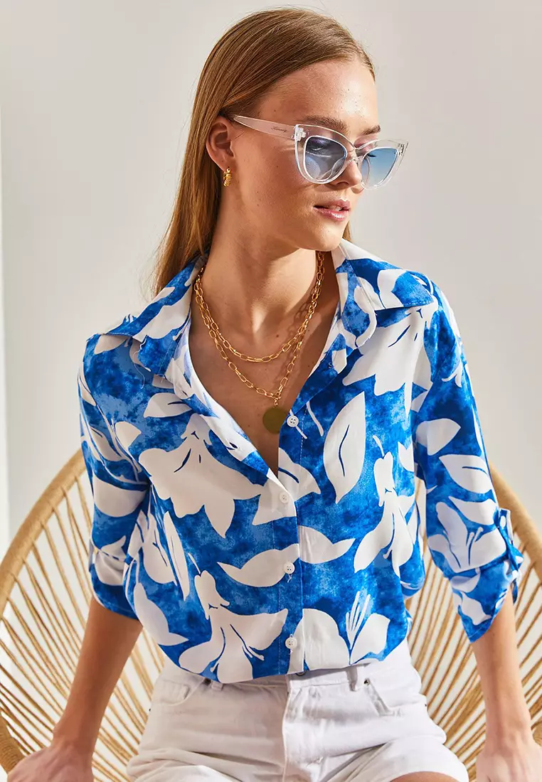 Women's Large Leaf Patterned Viscose Shirt 60101027