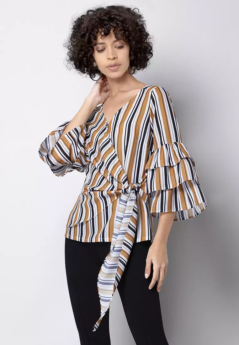 Striped Bell Sleeve Wrap Top