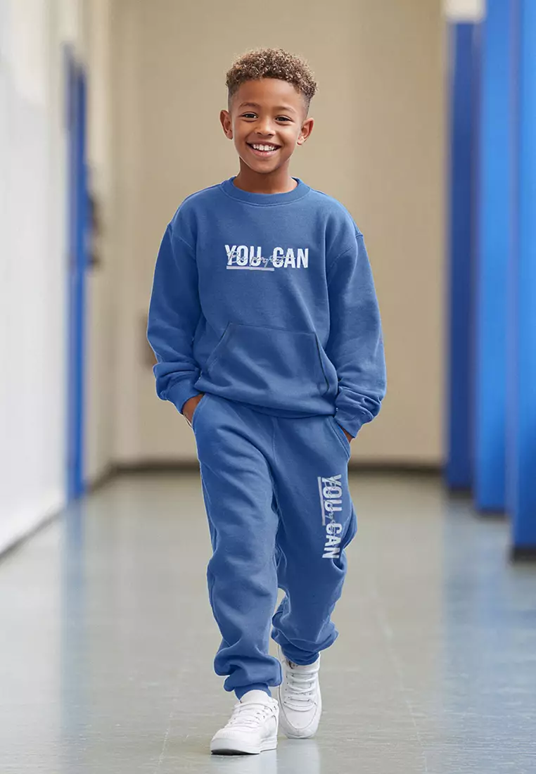 Slogan Printed Knitted Boys Sweatshirt and Sweatpants Bottom-Top Set