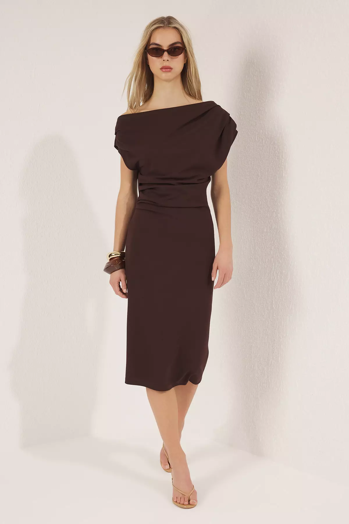 Brown Midi Shirring/Draping Detail Knitted Dress