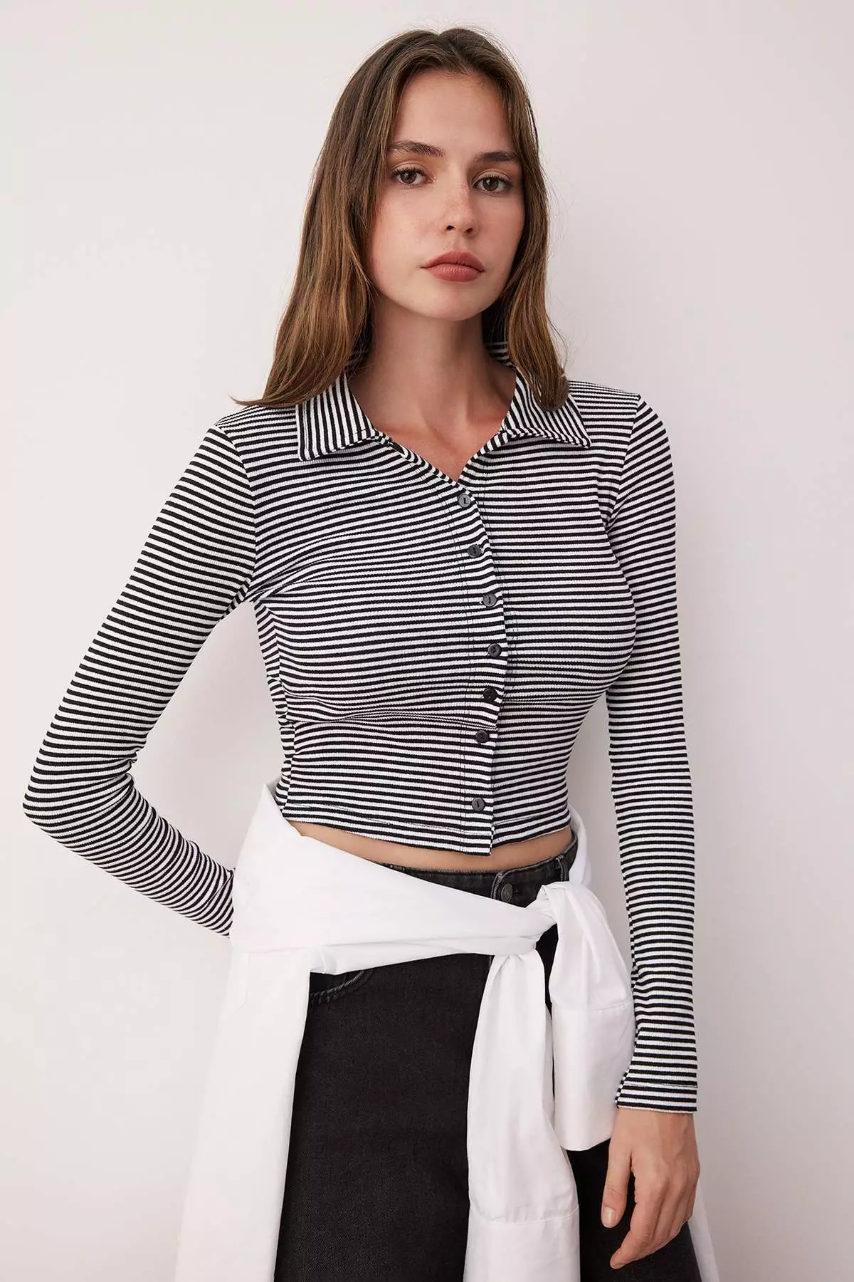 Black Striped Button Detailed Crop Polo Collar Ribbed Flexible Knit Blouse