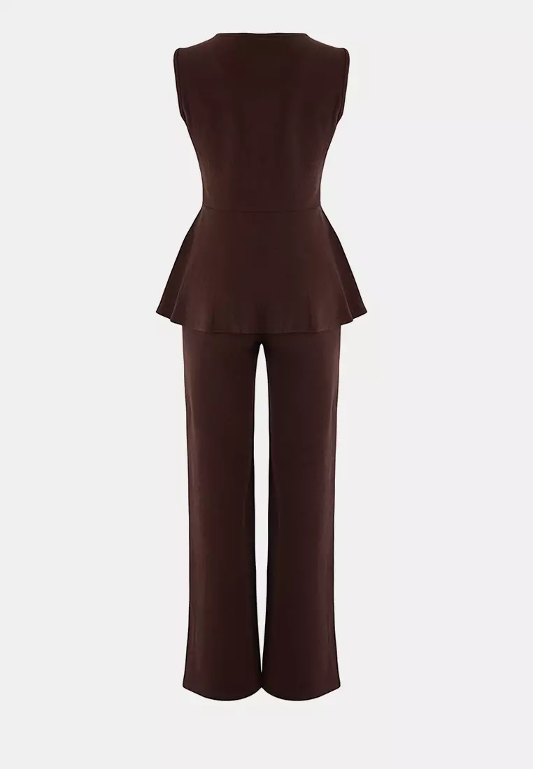 Brown Thessaloniki Buttoned Waist Open Wide Leg/Palazzo Bottom Knitted Bottom - Top Set Twoaw26Au92