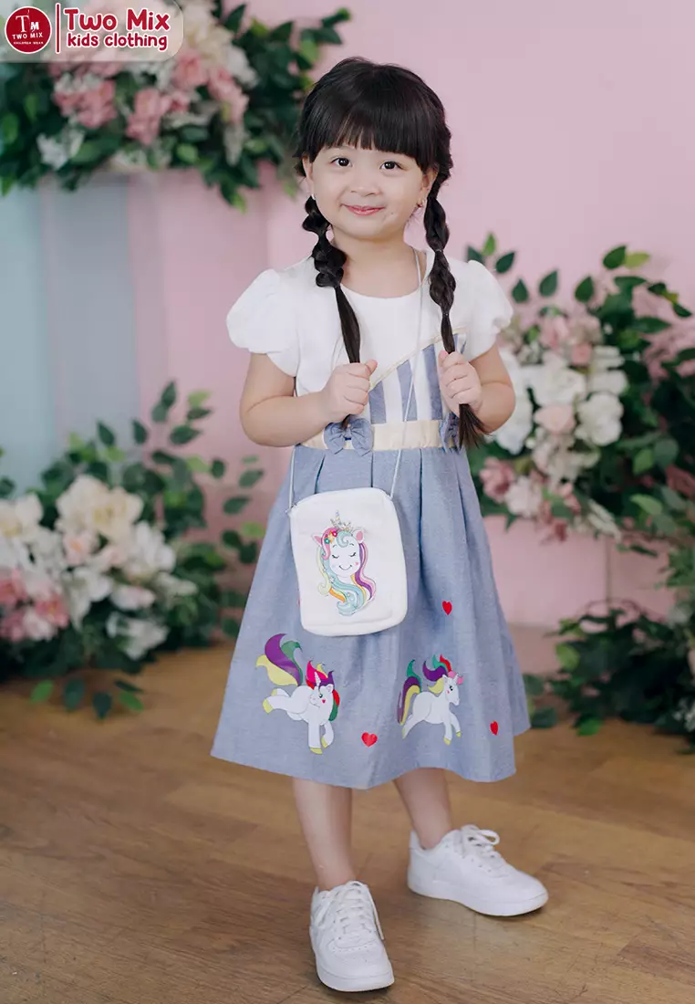 Two Mix Dress Anak Perempuan Little Pony Bonus Tas Cantik 1-12 Tahun 4252 Blue