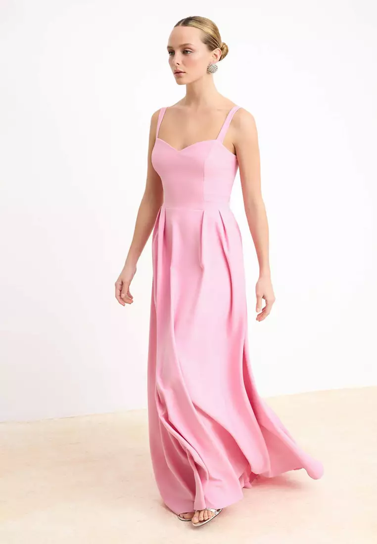 Light Pink Plain A-Line Bow Woven Finike Maxi Evening Dress & Graduation Dress