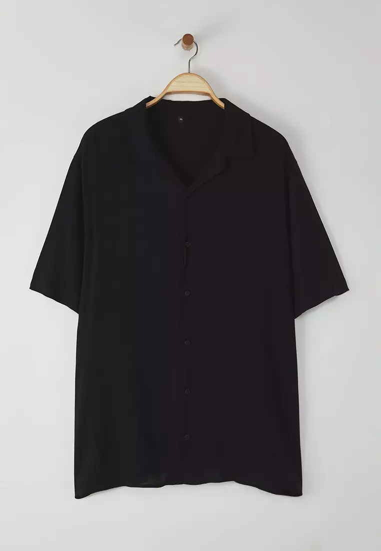 Black Regular Fit Oversized Collar 100% Viscose Short Sleeve Summer Dress Plus Size Shirt TMNSS25AX00001