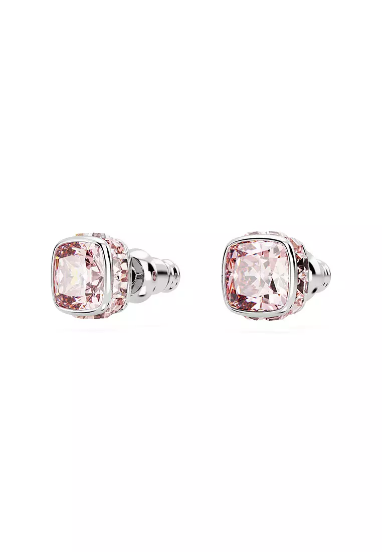Birthstone Stud earrings, Square Cut, June, Pink, Rhodium Plated