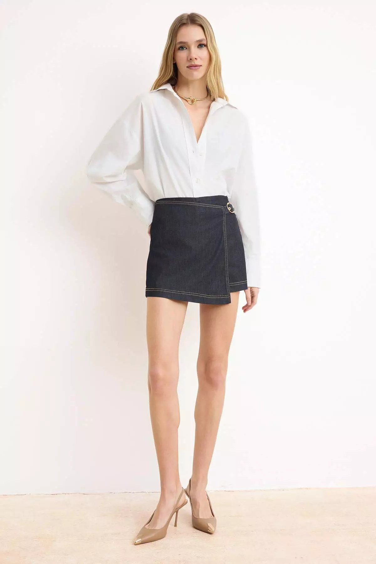 Dark Blue Accessory Detailed Extra Flexible Denim Short Skirt Twoss26Sr3