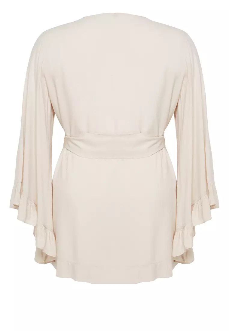 Ecru Sleeve Frilled Flounce Viscose Beachwear Woven Plus Size Kimono&Caftan TBBSS23DE00001