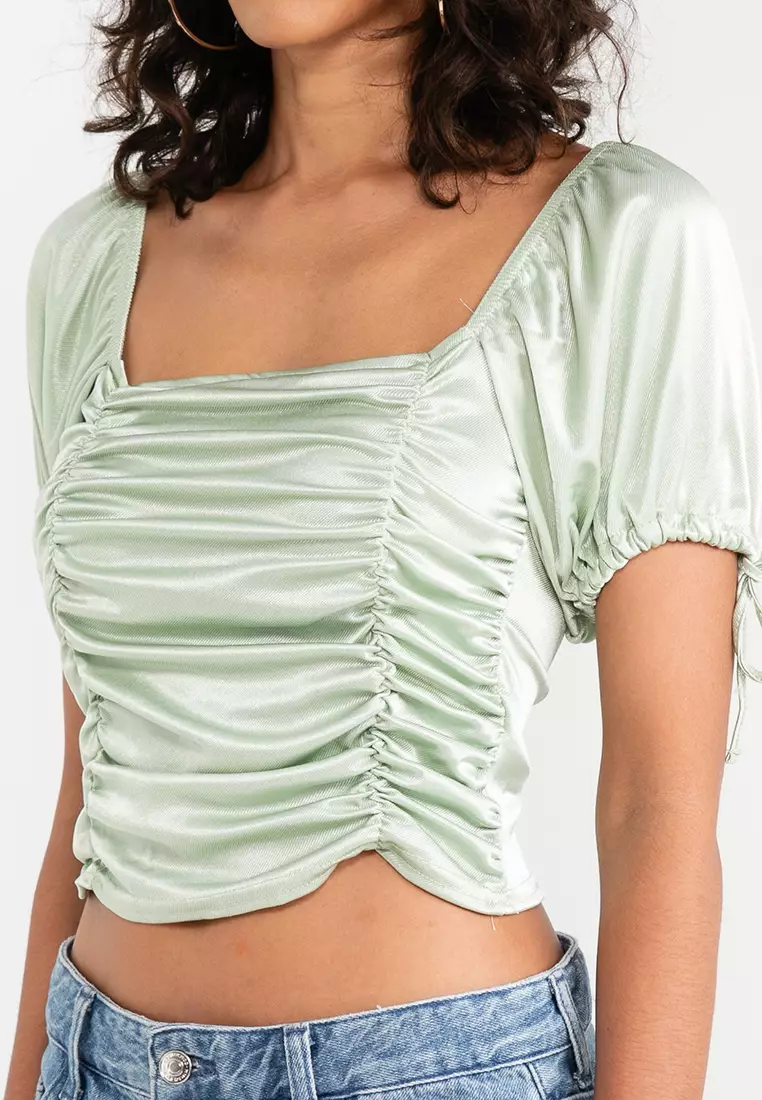 Puff Sleeve Satin Ruched Front Top