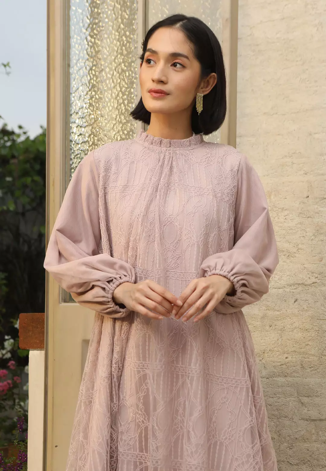 HijabChic Syahira Pink Nude Dress - Dress Brukat Tulle Elegan Best Seller