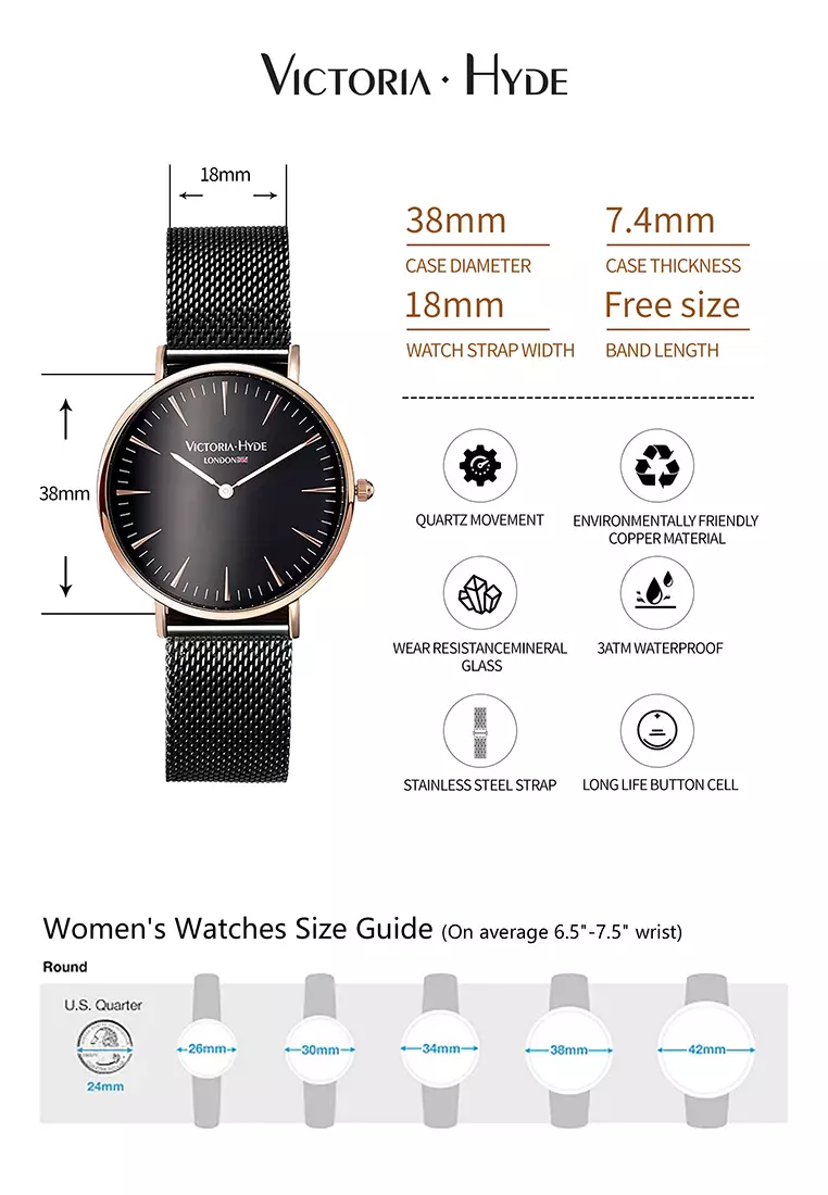 中性休闲表 男女通用 現代風格 38mm黑色圓形表盤黑色不鏽鋼網狀表帶-黑色