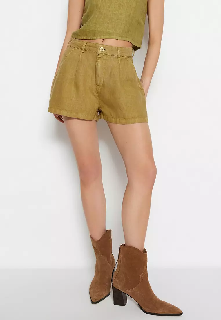 Trendyol Olive Green Pure Linen Pleated High Waist Shorts 2024