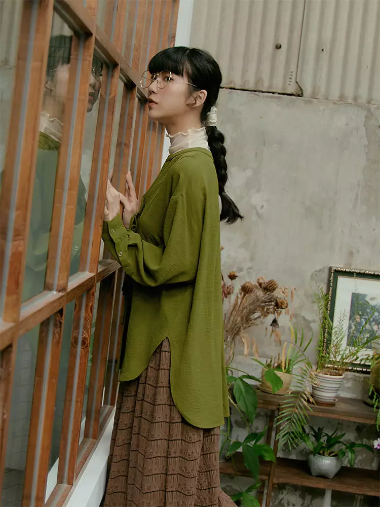 Loose V-Neck Tie Styling Front Short Back Long Side Slit Curved Hem Top [AB18850]