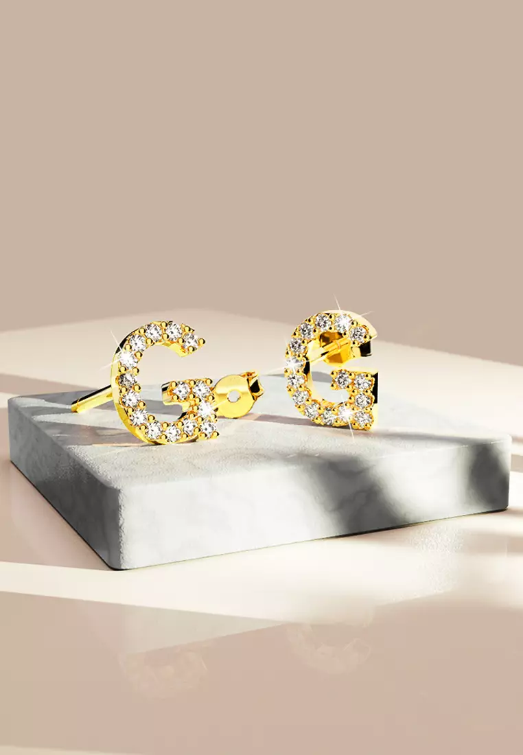 Solid 925 Sterling Silver Glamour Alphabet Letter Earrings Gold  G