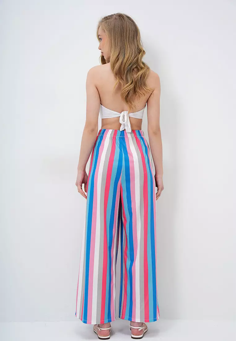 Women's Pink Blue Double Pocket Line Patterned Wide Leg Summer Trousers Alc-X14142