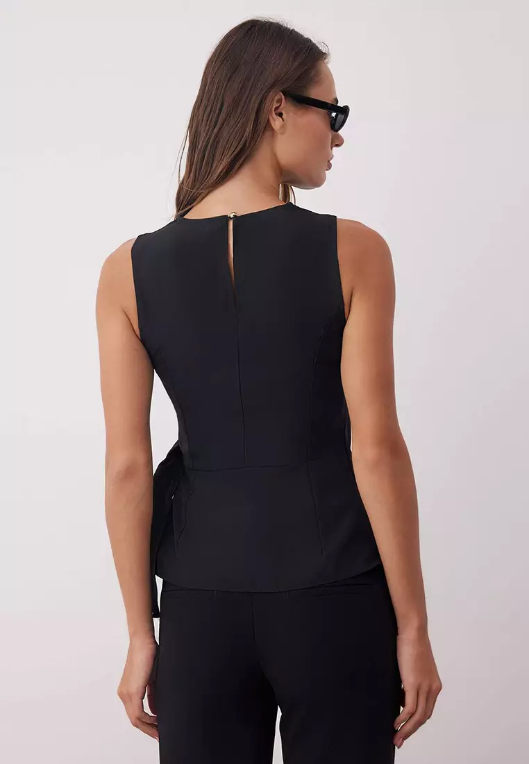 Black Sleeveless Satin Tie Detailed Woven Blouse