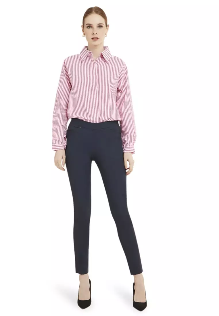 Skinny Pants Celana Panjang Polos Rubbery Waist Bawahan Wanita - Navy