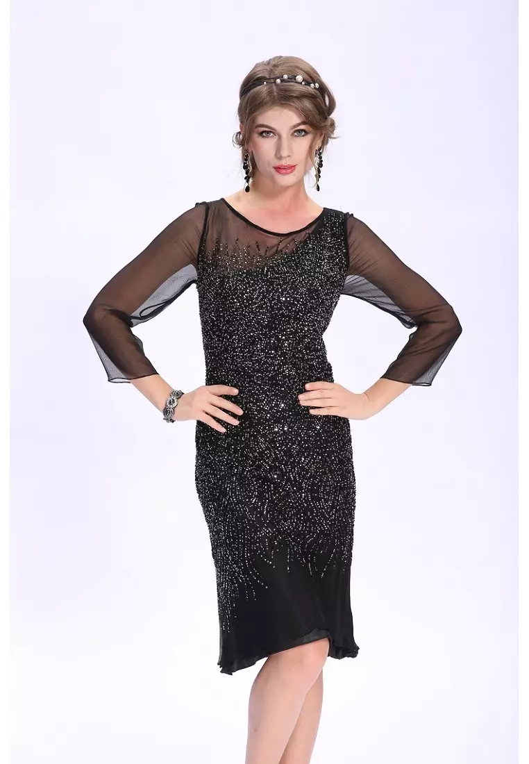 時尚釘珠短袖領修身晚裝短裙