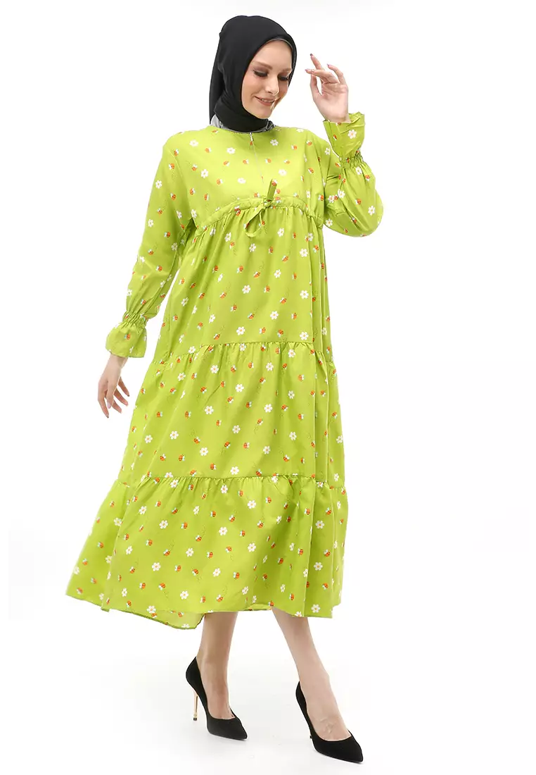Zahra Gamis Muslimah Wanita Motif Bee Long Sleeve Comfortable To Wear - Green