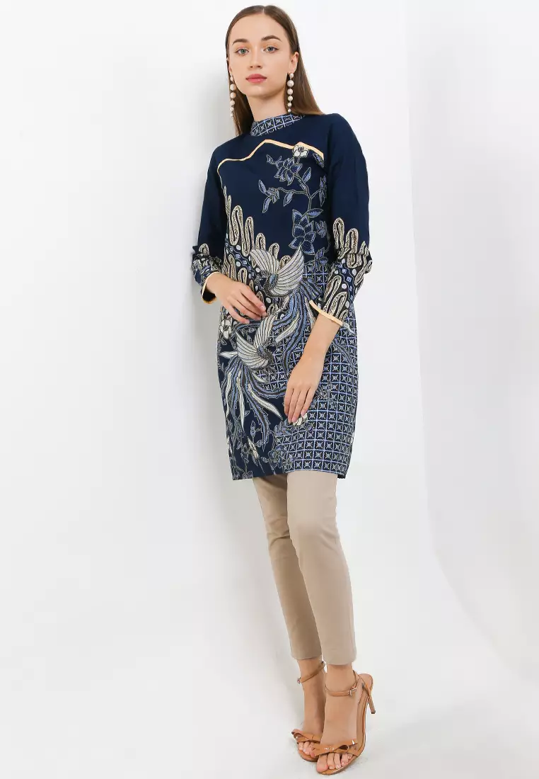 Tunik Muslim Atasan Wanita Batik Premium Madhiva Navy
