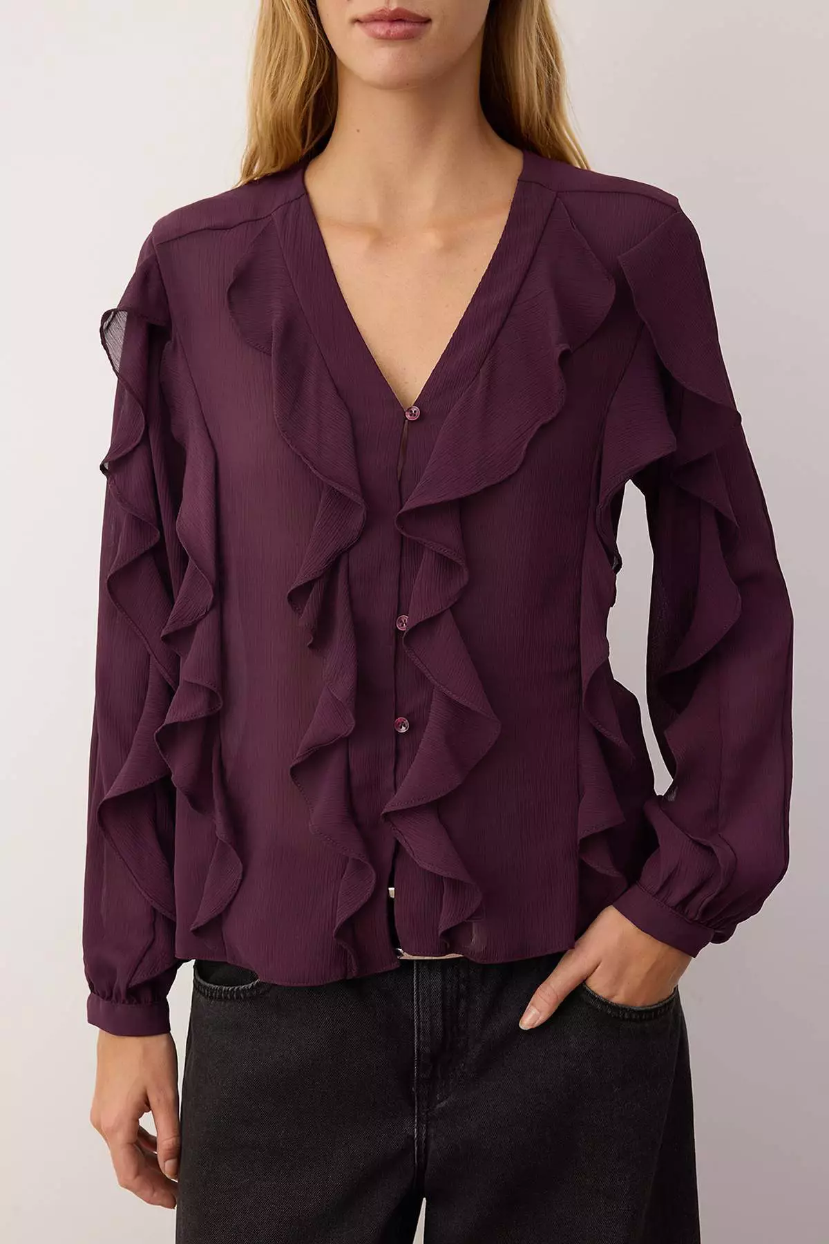 Burgundy Flounced Boho Semi-Transparent Shirt Twoaw26Go45