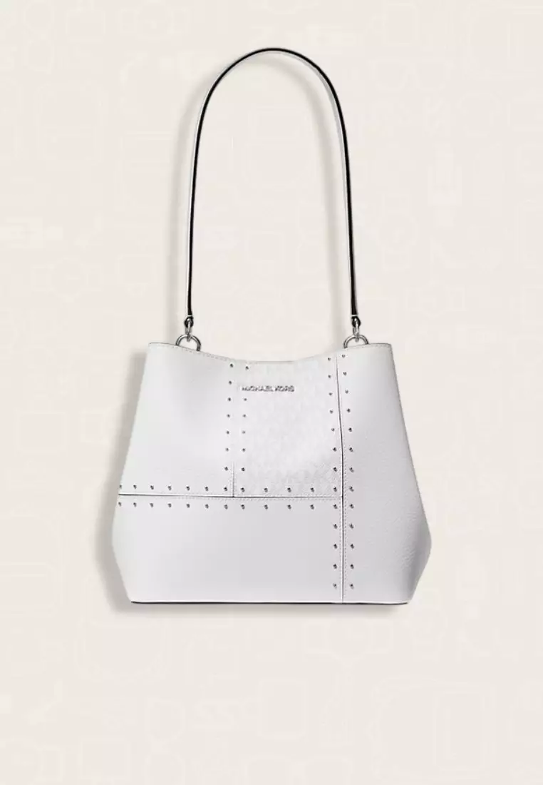 Michael Kors Pratt Medium Studded Patchwork and Signature Logo Shoulder Bag Silver