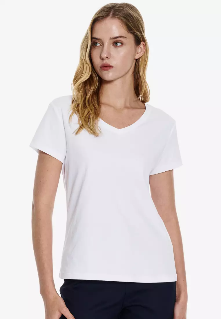 白色絲光棉V領T-shirt