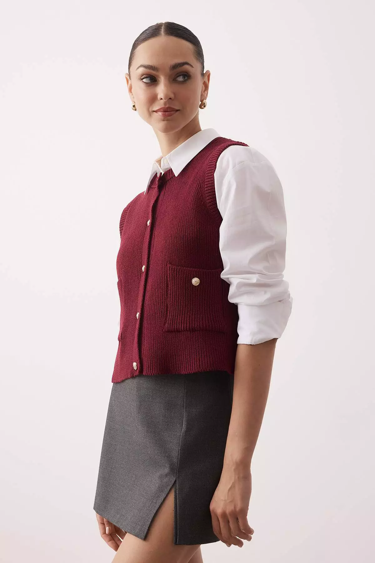 Burgundy Cotton Blend Crop/Short Vest