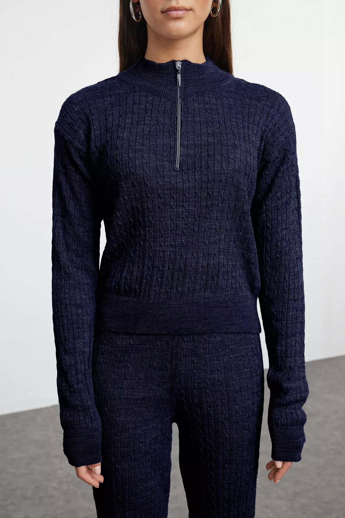 Navy Blue Zippered Sweater-Pants Knitwear Bottom-Top Set TWOAW25AU00059