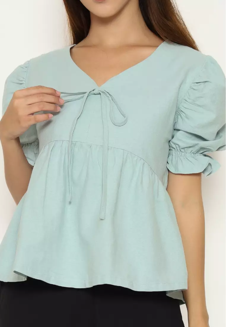 Urban Exchange Ziva Green Blouse - Atasan Blouse Puff Sleeves Warna Green
