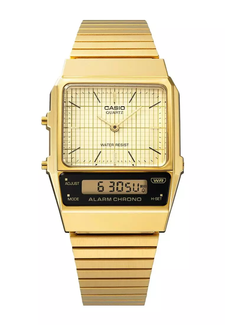 Vintage Analog-Digital Watch AQ-800EG-9A Gold Stainless Steel Band Unisex Watch