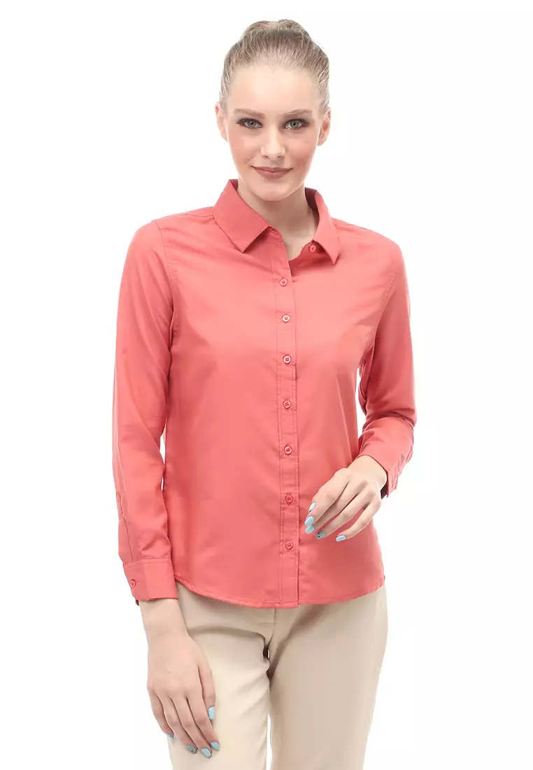 Kemeja Long Sleeves Atasan Wanita Motif Solid Shirt - Teracota