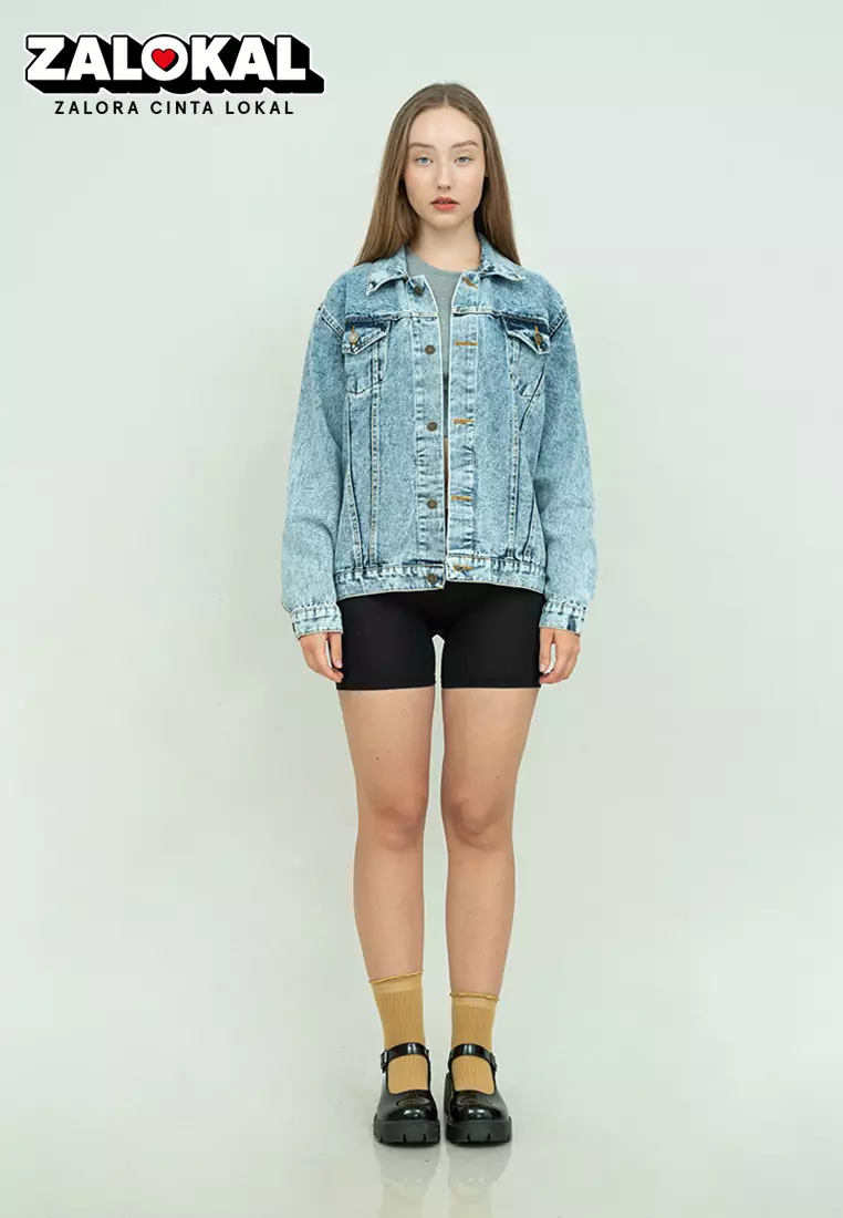 Houseofcuff Jaket Jeans Wanita Polos Tebal Jaket Denim Biru Pudar