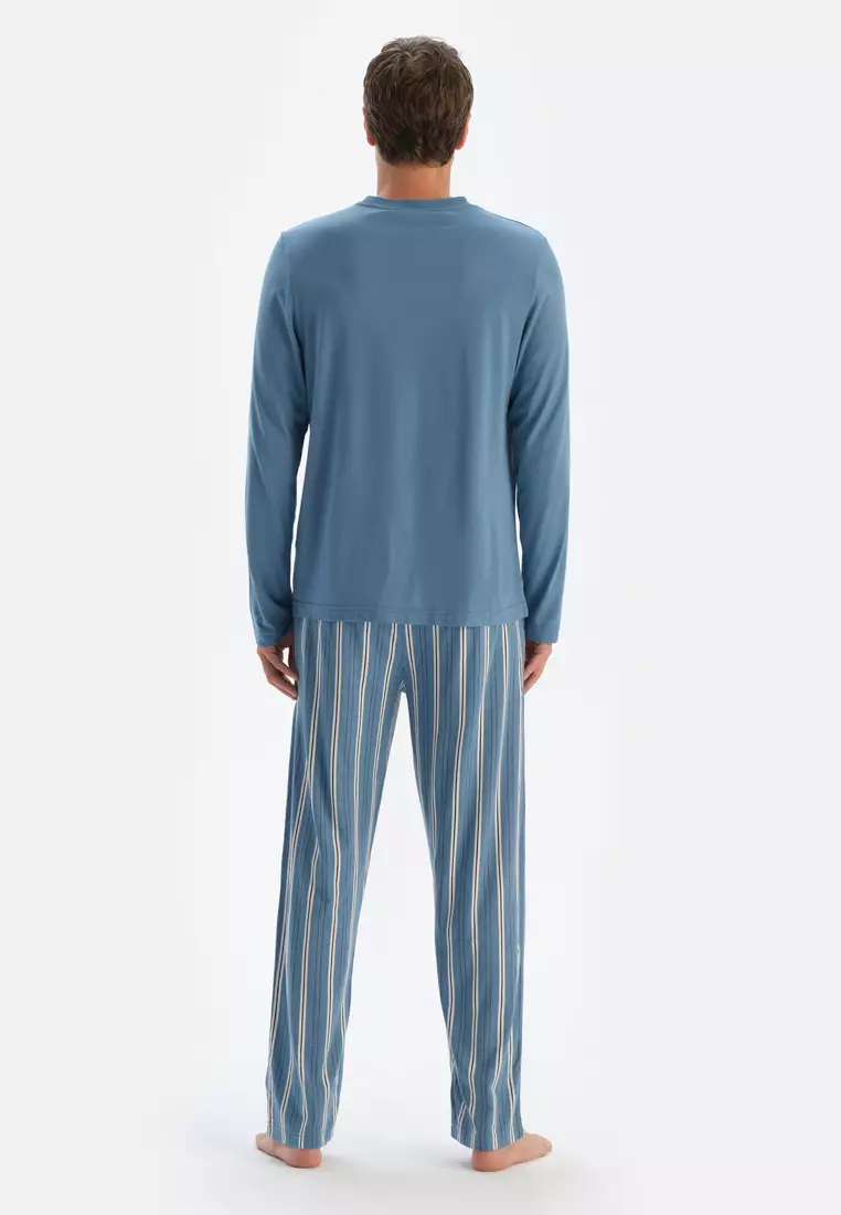 Blue T-Shirt & Trousers, Crew Neck, Regular Fit, Long Sleeve Sleepwear for Men