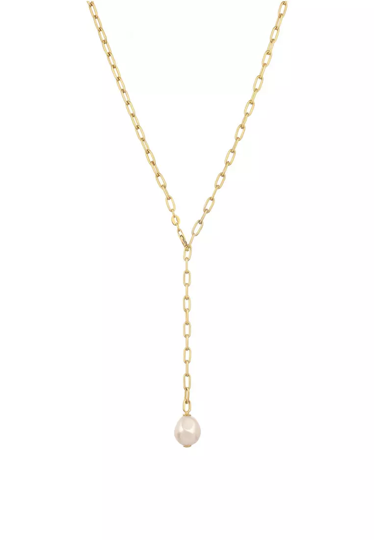 Kalung Perhiasan Perak 925 Wanita Y-chain White Pearl Gold Plated Embellished with Crystal by Swarovski®