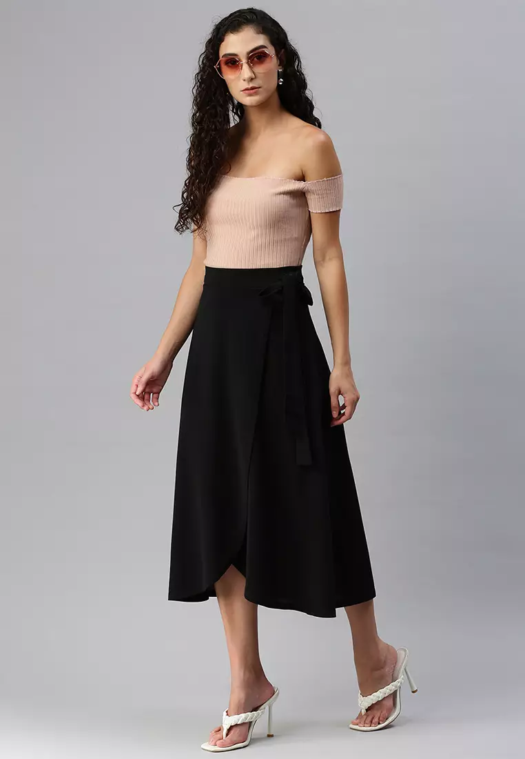 Black Wrap Style Long Maxi Skirt