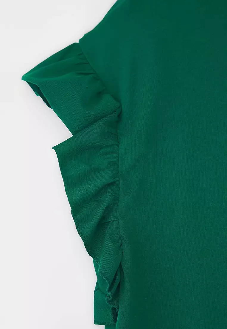 Emerald Green Crew Neck Ruffle Sleeves 100% Cotton Knitted T-Shirt Tbbss23Bf00006