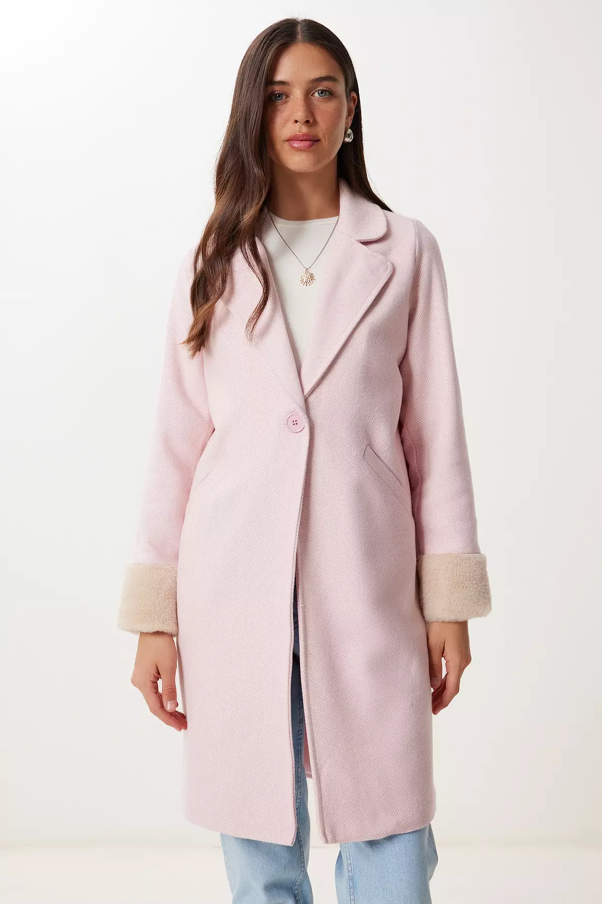 Women's Candy Pink Double Breasted Collar Fur Cashmere Coat Dd01367