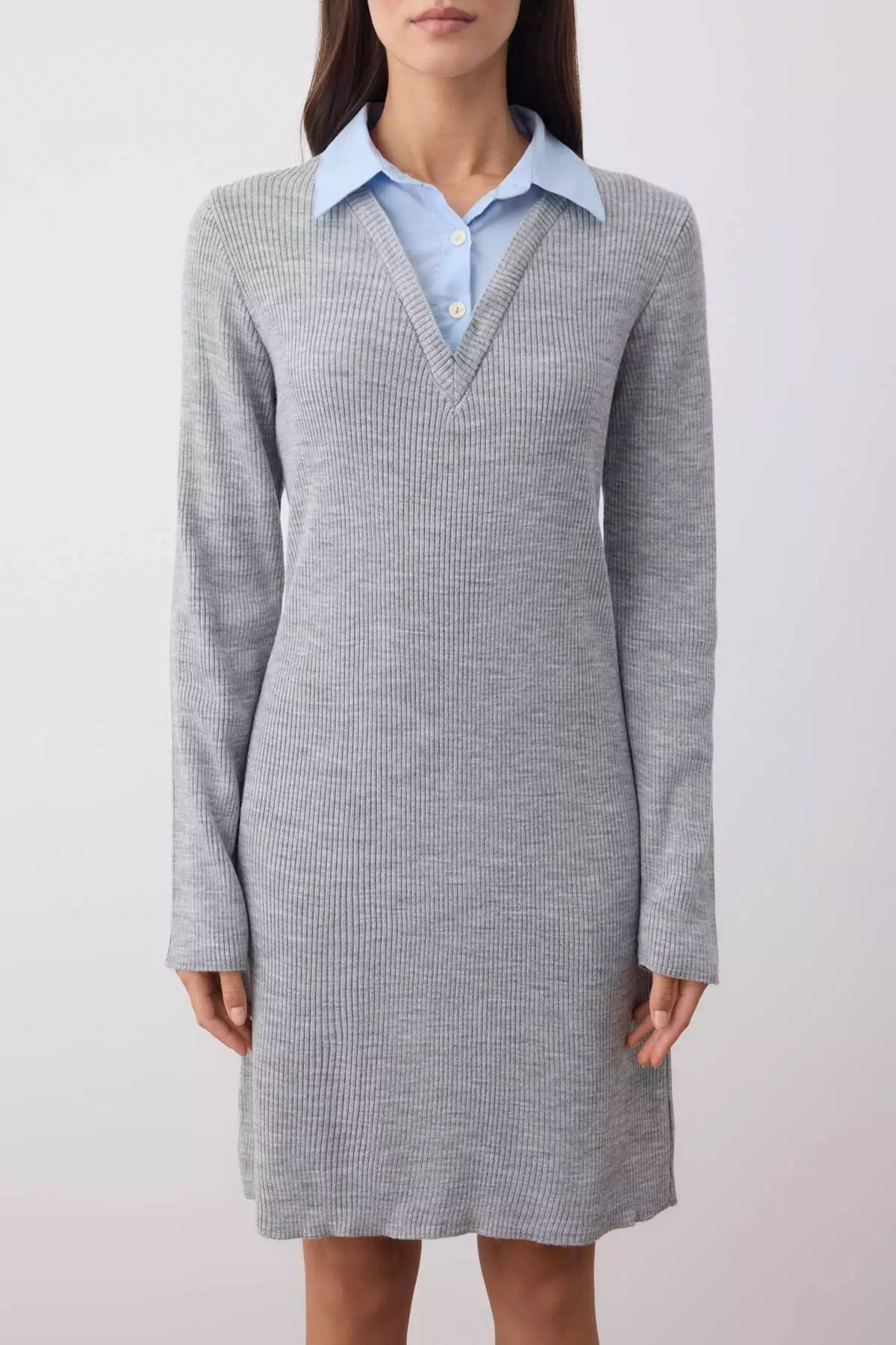 Gray Color Block Short/Mini Shirt Dress Fitted/Full Body Knit Dress