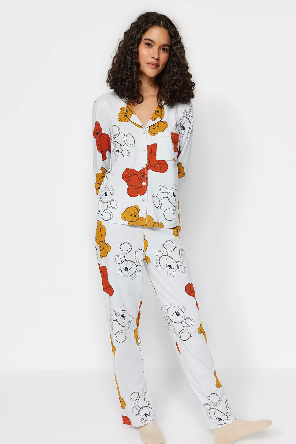 Gray Melange 100% Cotton Teddy Bear Shirt-Pants Knitted Pajama Set