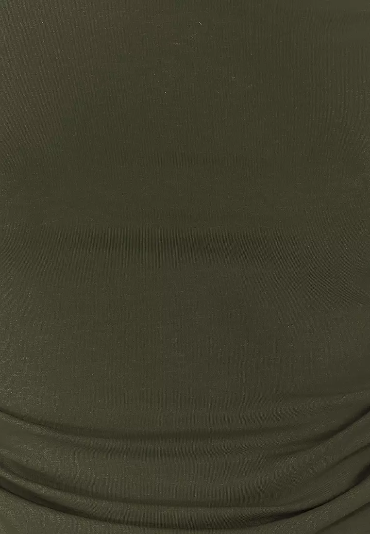 Khaki Pleated Asymmetric Collar Flexible Knitted Blouse